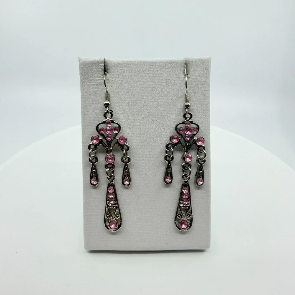 VTG Pink Rhinestone Chandelier Dangle Earrings Silver Tone Goth Fairycore Retro